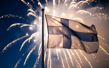 Finland flag waves proudly against a backdrop of vibrant fireworks illuminating a celebratory night sky with national pride