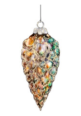 Shiny multicolor pinecone holiday tree decoration.
Colorful vintage-style glass pinecone ornament featuring glitter accents, reflective texture hanging from a metal hook for Christmas tree decoration