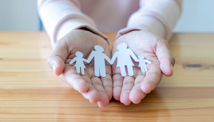 Caring hands hold paper family cutouts, symbolizing love and unity. This evokes warmth and connection among family members