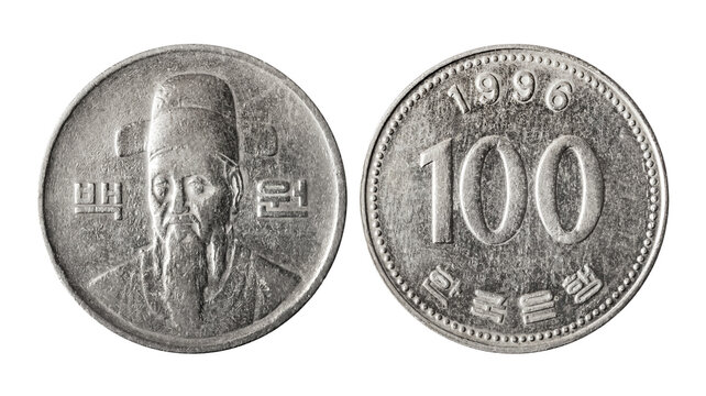 Isolated photo of 100 won South Korea 1996 coin on white background.
