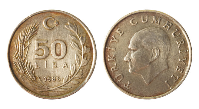Isolated photo of 50 lira Tukrey 1986 coin on white background.