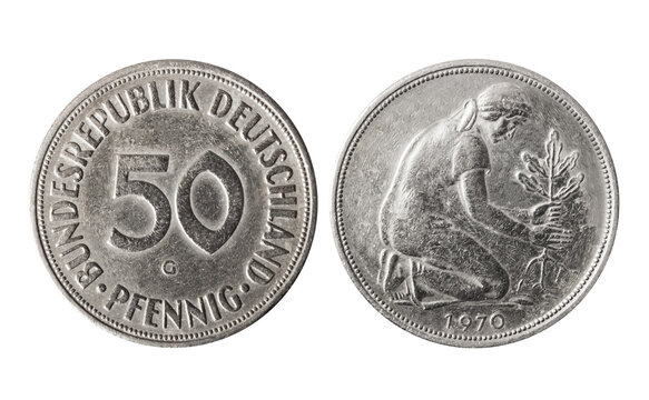 Isolated photo of 50 pfennig Germany 1970 G coin on white background.