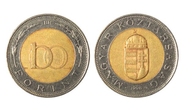 Isolated photo of 100 Hungarian forint 1998 coin on white background.