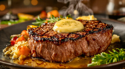 Grilled ribeye steak medium rare with garlic butter