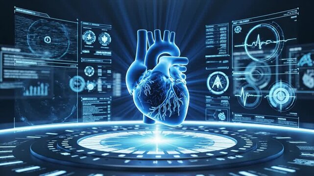 A glowing blue 3D render of a human heart with coronary arteries on a futuristic diagnostic medical imaging interface with various charts and graphs. Perfect for medical, educational, or
