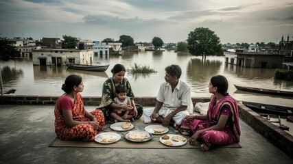 Five family members sit together on a rooftop with food, surrounded by floodwaters at dusk