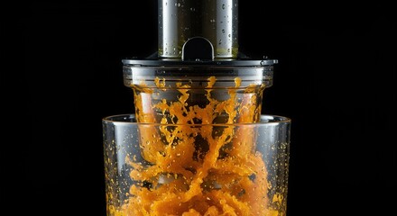 Fresh fruit and vegetable pulp being expelled from a modern kitchen appliance, indicating the healthy process of juice extraction ,wellness ,morning ,juice