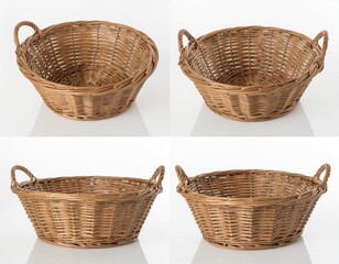 Fototapeta premium Empty wicker baskets with handles on a white reflective background, studio shot