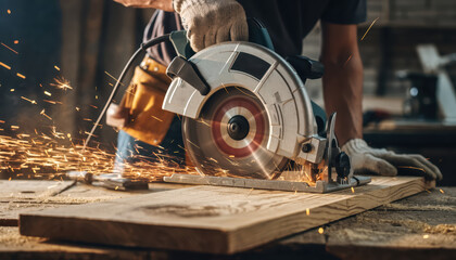 Skilled contractor uses circular saw to cut wood, creating sparks in workshop environment, showcasing craftsmanship and precision
