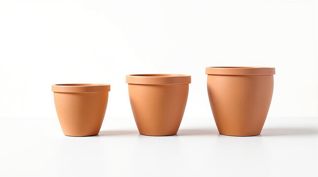 Three empty terracotta plant pots in a row on a white background