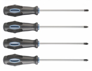 Four phillips head screwdrivers neatly arranged on a clean white background, essential tools for home and professional projects