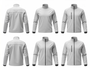 Light grey athletic jacket template with zipper details in multiple views on white background
