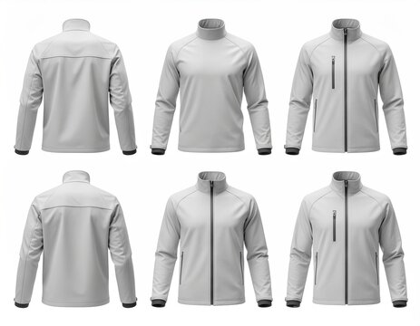 Light grey athletic jacket template with zipper details in multiple views on white background