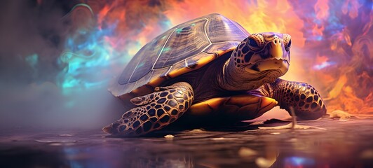 a light big island turtle , coming out of the smoke,generative AI