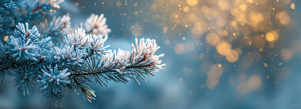 Sparkling frost on evergreen branch catches golden light creating magical winter wonderland atmosphere
