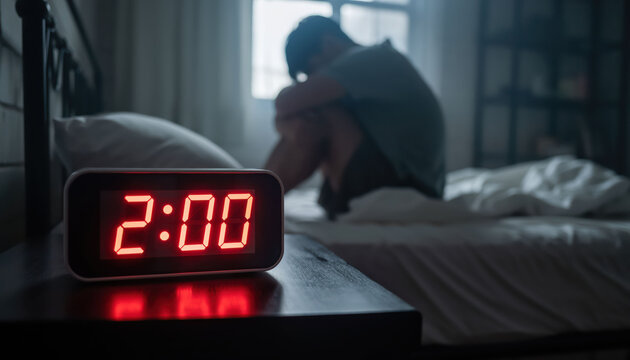 Man sitting on bed at 2:00 AM with digital clock in focus, symbolizing insomnia, anxiety, sleep disorder, or overthinking. Ideal for mental health, sleep aid, stress, and lifestyle-related content.