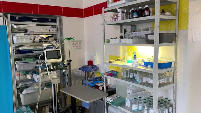 Sterile interior of a hospital room with medical equipment, infusion solutions, and supplies neatly organized on shelves, highlighting the readiness for patient care and procedures