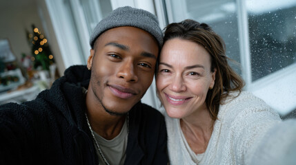 In a cozy, rain-kissed environment, a diverse couple shows happiness through their warm smiles, symbolizing love, acceptance, and the joy of shared moments together.