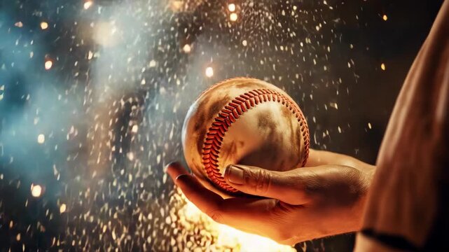 Baseball Held in Hand with Explosive Fiery Sparks