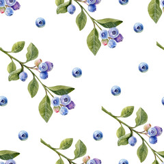 Watercolor seamless pattern with blueberries branches and green leaves. Hand drawn botanical print