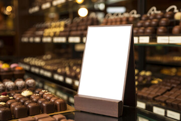 Blank menu sign beside chocolate pralines in a pastry shop display