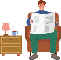 Man Reading Newspaper in Armchair with Coffee