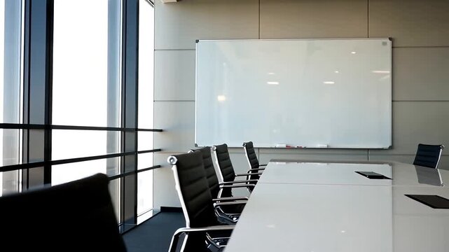 Modern bright corporate boardroom with a glossy white table and black leather chairs facing a large blank whiteboard