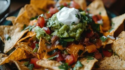 A mouth-watering dish of Mexican cuisine featuring a crispy tortilla topped with creamy avocado dip, crunchy tomato salsa, and a sprinkle of fresh cilantro.