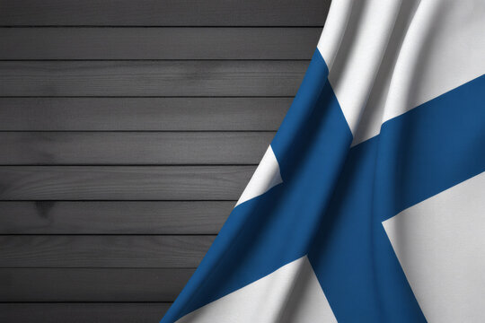 Finland flag proudly displayed against a rustic dark wood background, conveying national pride and cultural identity, perfect for design use