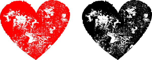 A set of grunge style vector heart icons imitating a distressed stamp impression or a scratched, aged look; perfect for designs related to Valentine's Day, love, emotions, or punk themes.