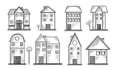 Sketches of houses. Vector illustration. Isolated on white.