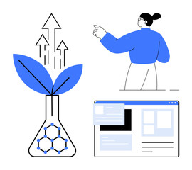 Scientist observing growth from a lab flask with leaves and upward arrows, next to a digital interface. Ideal for innovation, sustainability, technology, research, progress, development, simple flat