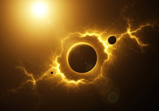 Golden cosmic energy illuminating distant stellar formations, creating a mystical atmosphere of ancient planetary alignment and celestial wonder ,cosmic ,glow ,sunlight