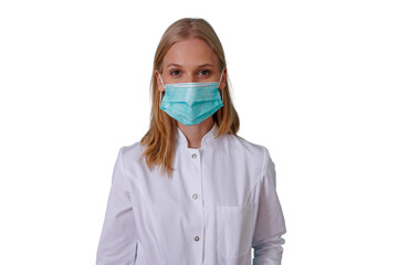 Healthcare professional woman wearing face mask, offering protection and medical care against pandemic, transparent background
