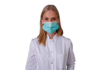 Healthcare professional woman wearing face mask, offering protection and medical care against pandemic, transparent background