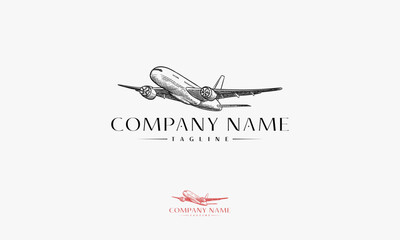 Plane flies Logo Hand drawn, vector sketch illustration. Air travel, tourism flight, plane tickets booking hand drawn isolated design elements