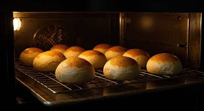 Golden fresh baked rolls resting on a cooling rack just removed from the extremely hot professional oven after reaching the perfect temperature ,homemade ,dinner ,oven