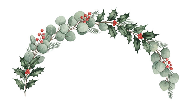 A watercolor illustration of a festive garland with eucalyptus and holly.