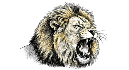 Illustration of a roaring lion's head with a detailed mane, showcasing its teeth and fierce expression.