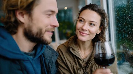 A couple shares a warm moment indoors while sipping red wine by a rainy window, capturing intimacy and connection amidst a cozy ambiance and serene backdrop.
