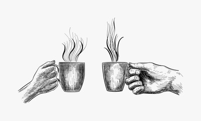 Hand holding a cup of tea. Black and white ink illustration, Set of Hand holding a cup of coffee. Ink black and white drawing