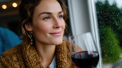 A contemplative woman gazes out a rainy window, sipping wine, reflecting on life and emotions, embodying a serene and introspective moment of self-discovery and peace.