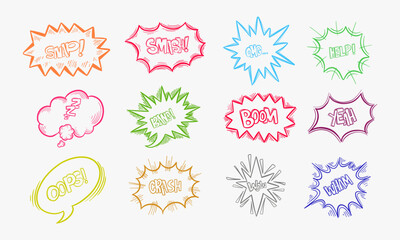 Exclamation clouds sketch and onomatopoeia comic signs, stars for cartoon emotions, bubble with expressions, dialog pop. Wham and crash, zzz and bang, snap and smash, yeah and omg, oops icons