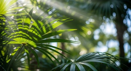 Tropical Summer Background with Palm Leaves and Sunlight