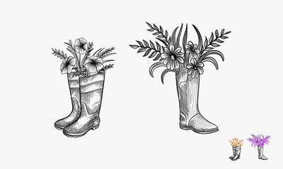 Set of Rubber boots with bouquet of blooming rose flowers inside, hand drawn sketch vector illustration isolated on white background. Decorative design element.