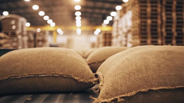 Burlap sacks filled with goods sit in a dimly lit warehouse