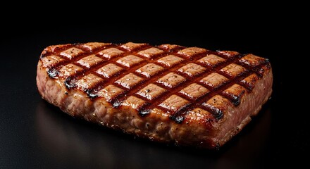 Grilled meat piece showing attractive crosshatch grill marks, creating a visually appealing checkered pattern on its surface. Perfectly cooked ,appealing ,outdoor ,high quality