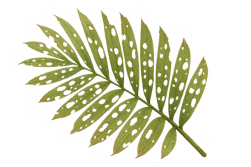 Green tropical palm leaf showing insect damage and decay, isolated on transparent background, symbolizing vulnerability