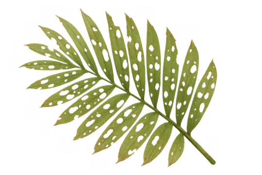 Green tropical palm leaf showing insect damage and decay, isolated on transparent background, symbolizing vulnerability