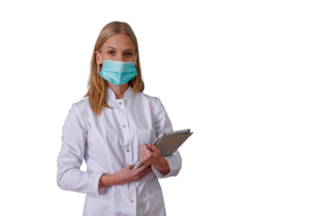 Medical professional standing, wearing a protective mask, holding a digital tablet. Concept of healthcare, technology, and patient care